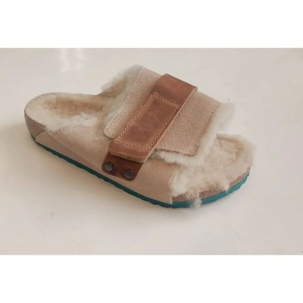 Birkenstock Size 2 Kyoto Teddy Kids Suede Sandals Shearling Lined EU 33 Beige